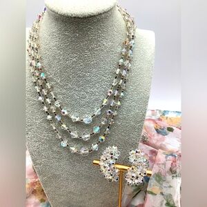 Vintage Austrian Crystal Beaded Layered Necklace and Clip Earrings